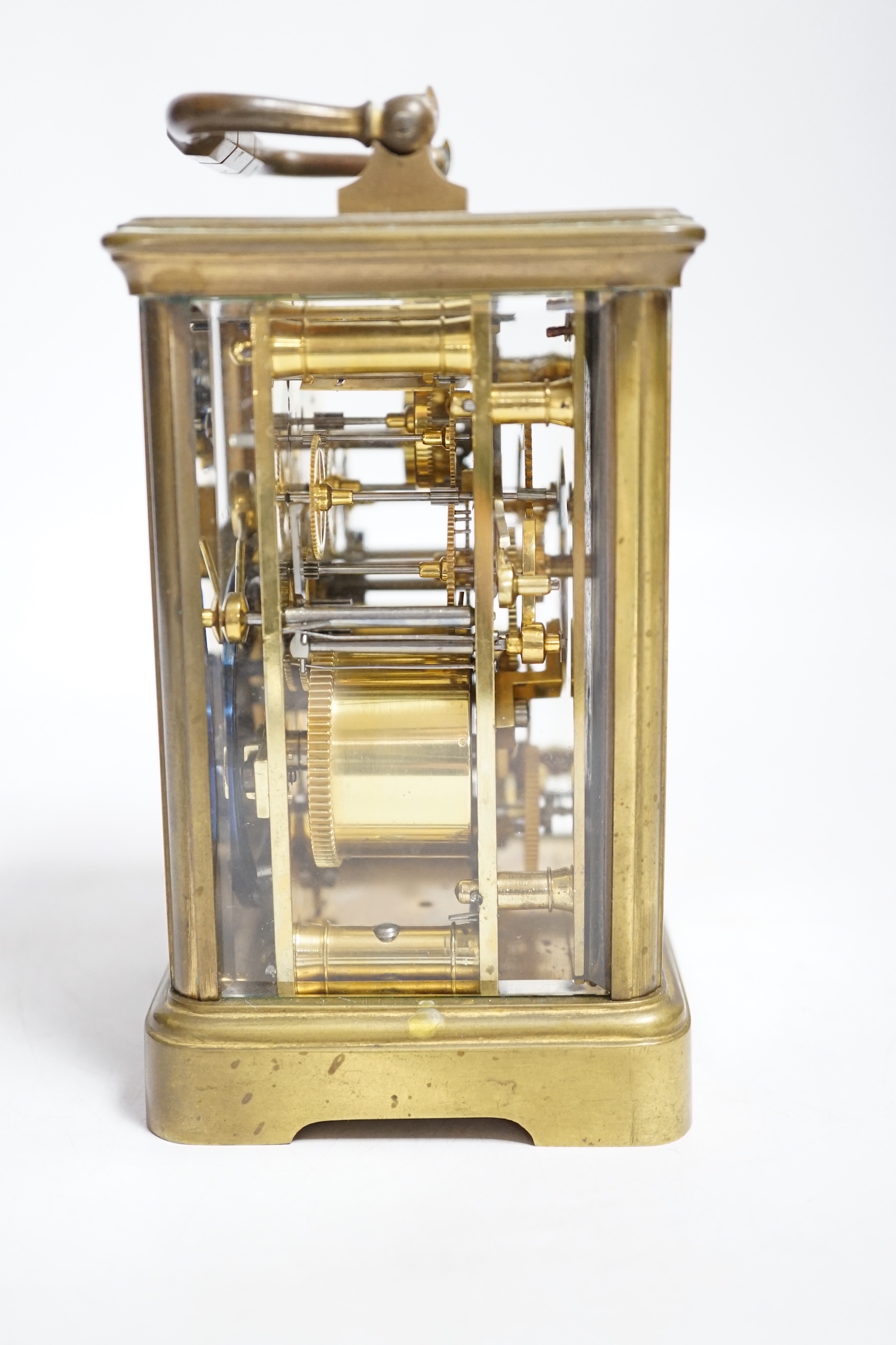 A late 19th century French brass cased eight day carriage clock with incorporated alarm mechanism, retailed by Dent, 12cm high